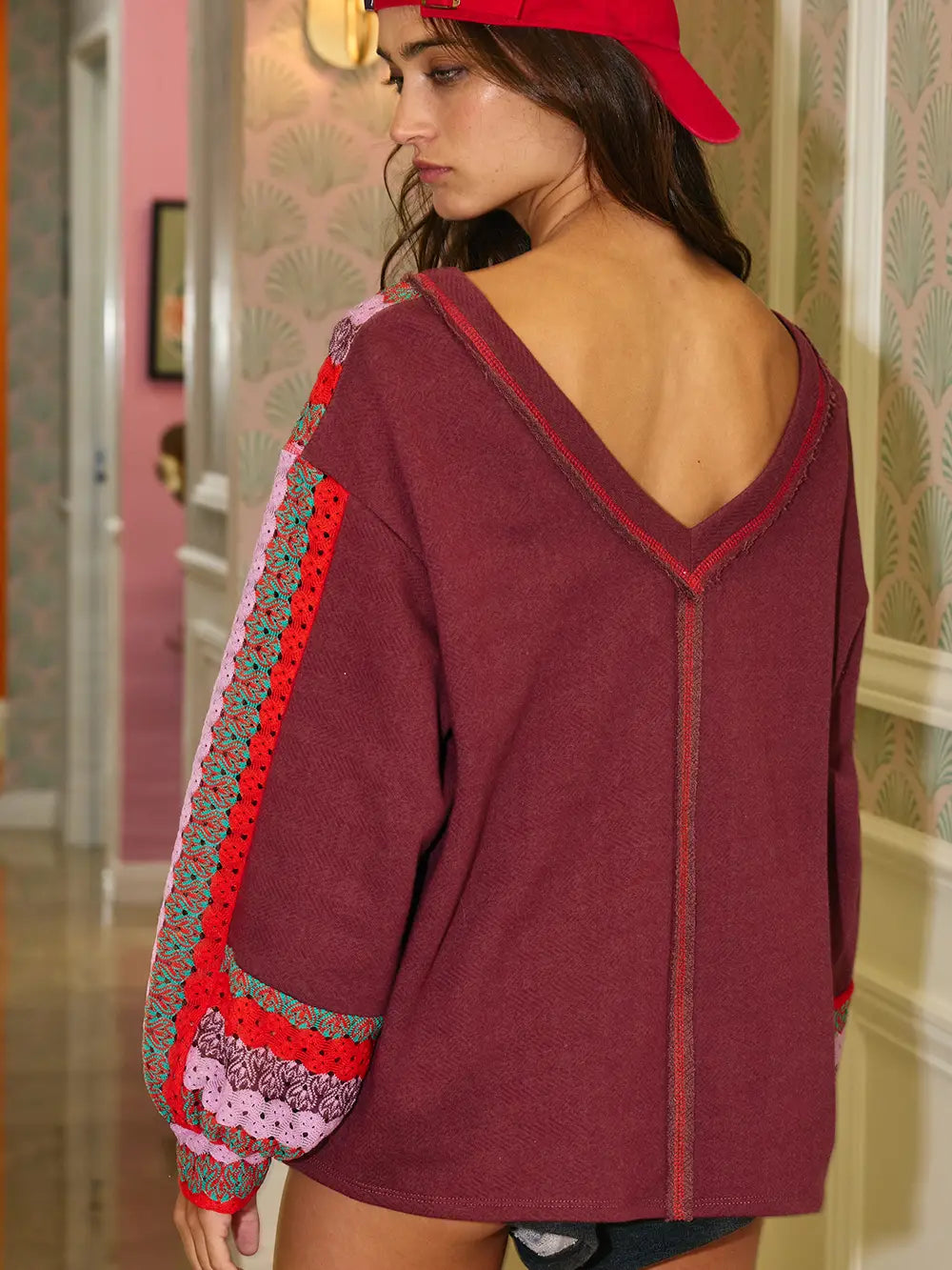 Crochet Lace Contrast Details Terry Top