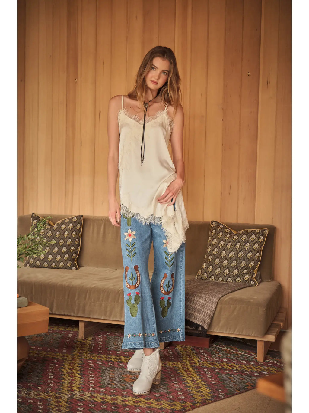 Wide Leg Embroidered Denim Pants
