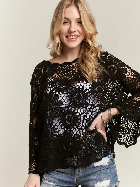 Bell Sleeve Crochet Top Blouse