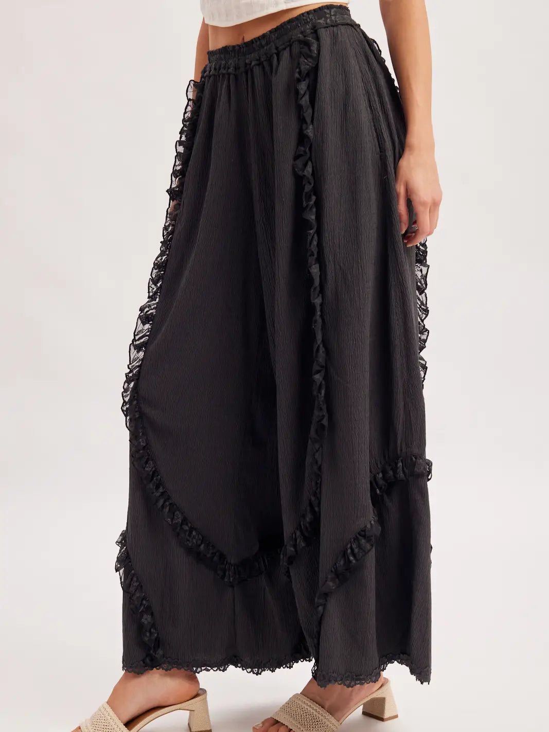 Boho Eyelet Lace Ruffle Trimmed Wide Pants