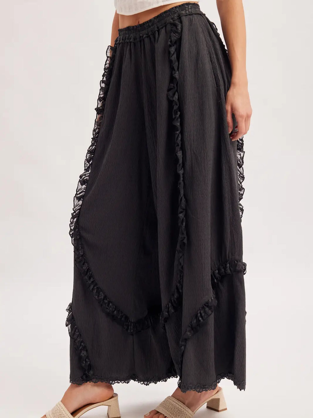 Boho Eyelet Lace Ruffle Trimmed Wide Pants