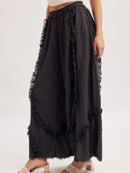 Boho Eyelet Lace Ruffle Trimmed Wide Pants
