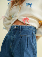 Lace Trim Pleated Denim Shorts