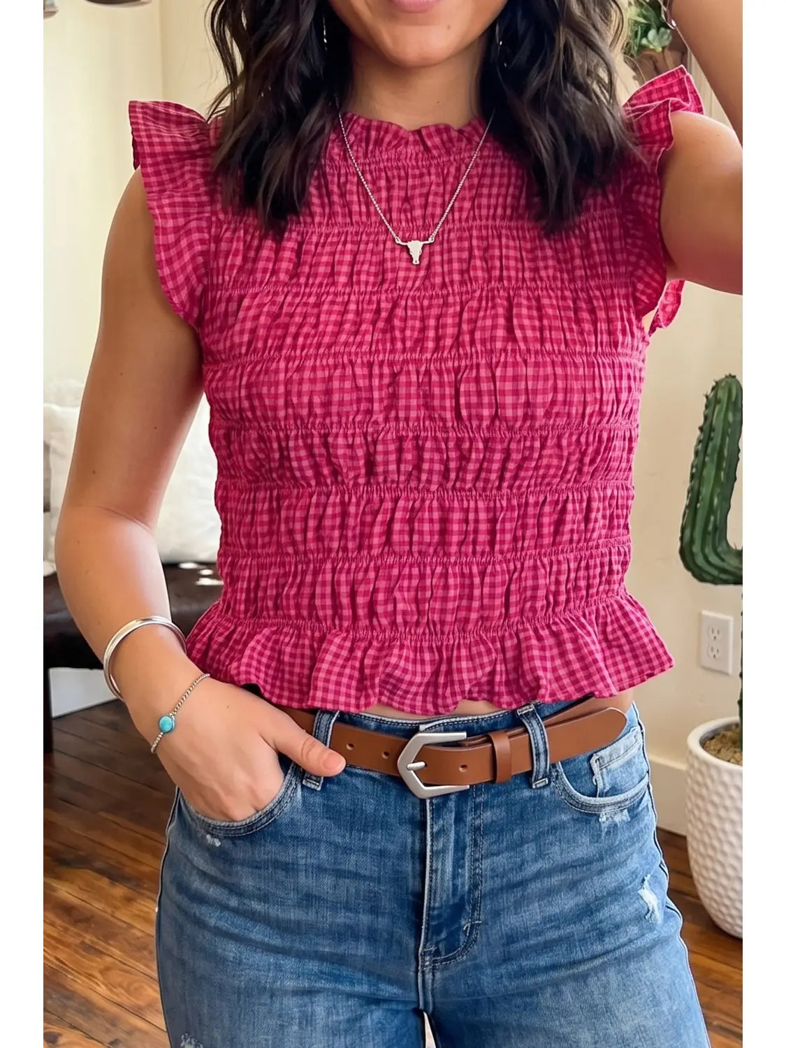Plaid Shirred Ruffle Tank