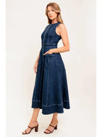 Washed Denim Full Zipper Midi Dress