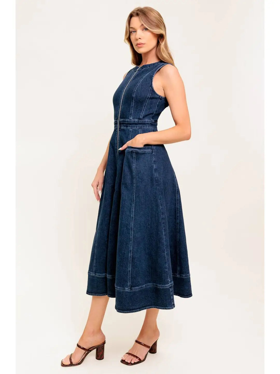 Washed Denim Full Zipper Midi Dress