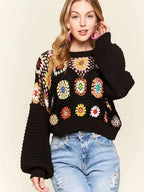 Long Puff Sleeves Crochet Crop Top