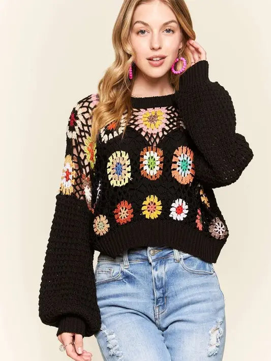 Long Puff Sleeves Crochet Crop Top