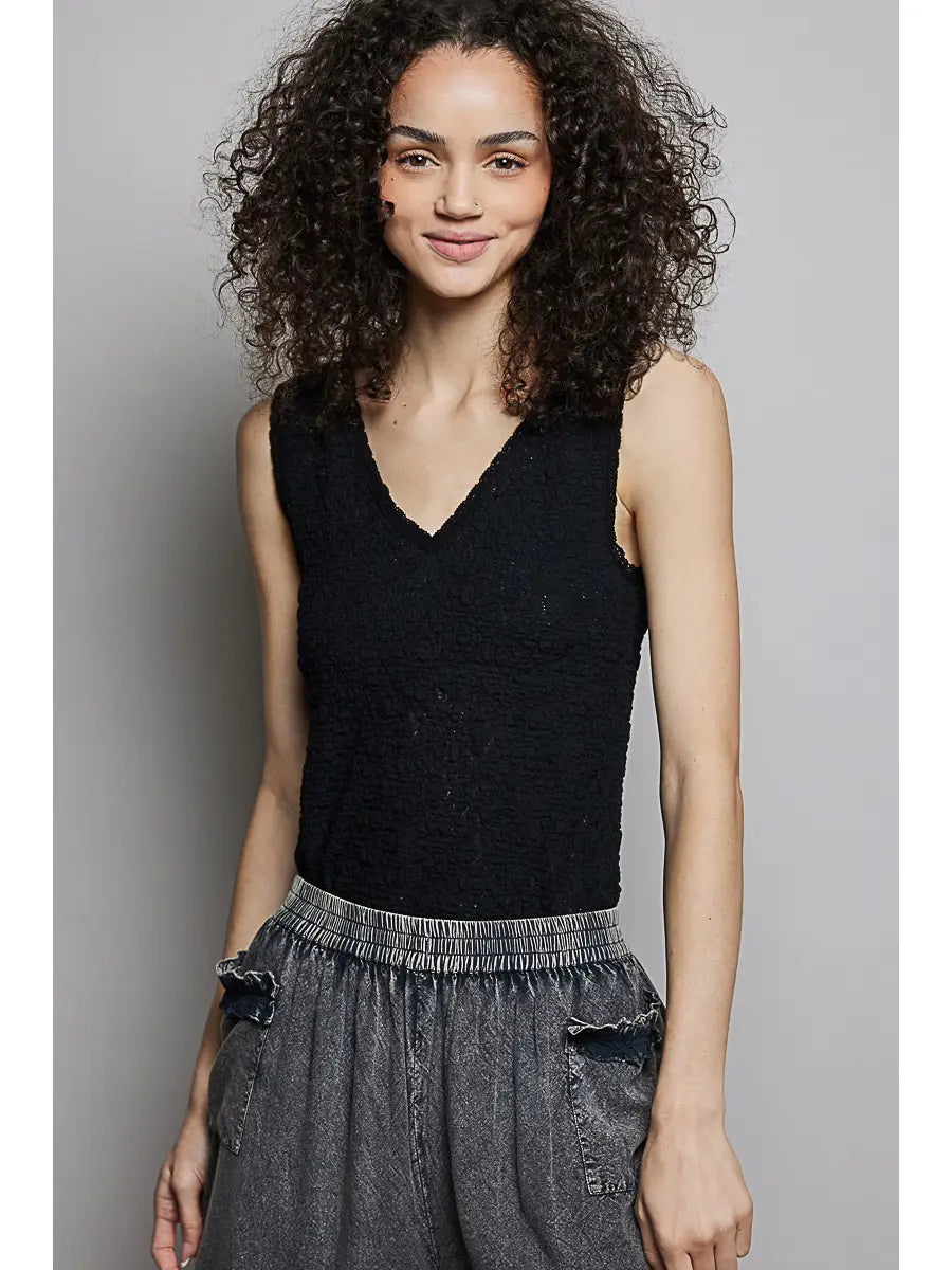 V Neck Sleeveless Lace Trim Neckline Knit Top