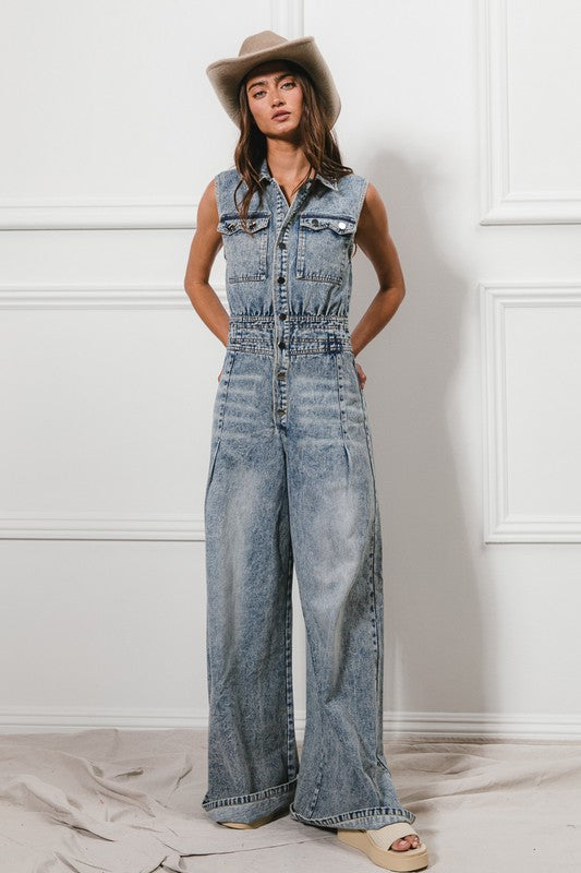 Button Down Denim Jumpsuit