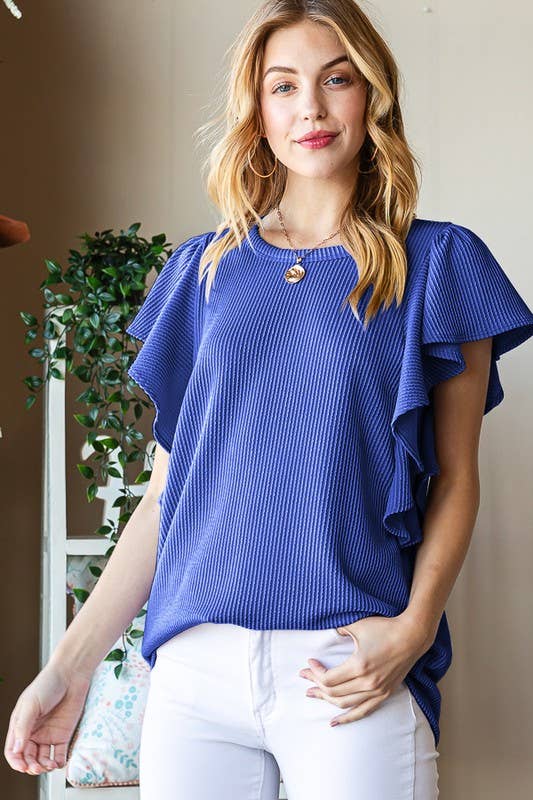 SHORT RUFFLED SLEEVE SOLID URBAN RIBBED TOP