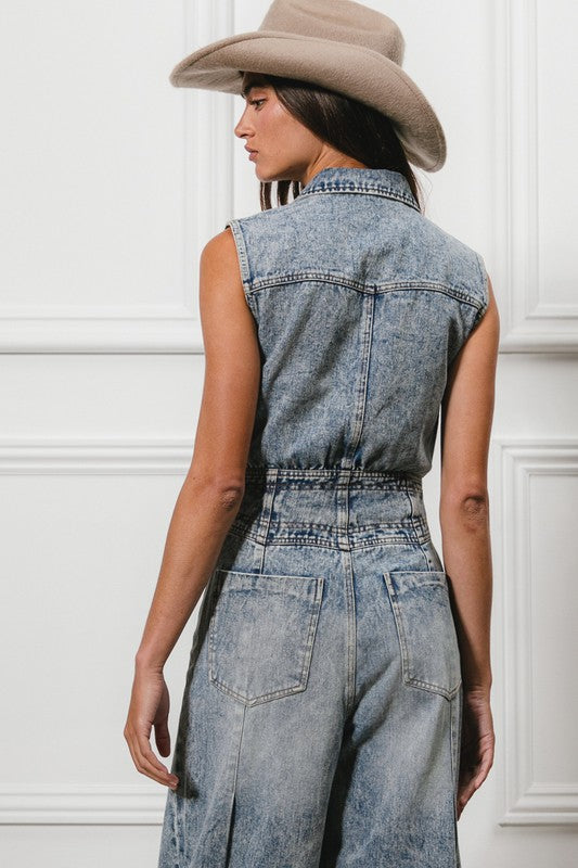 Button Down Denim Jumpsuit