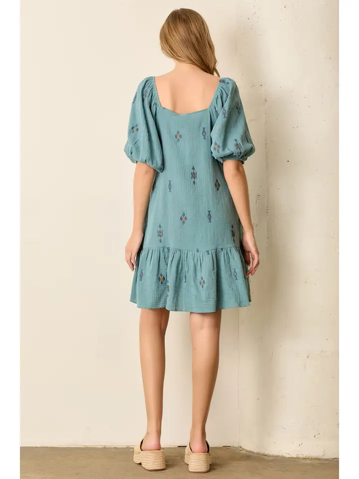 Printed Floral Square Neck Short Sleeve Mini Dress