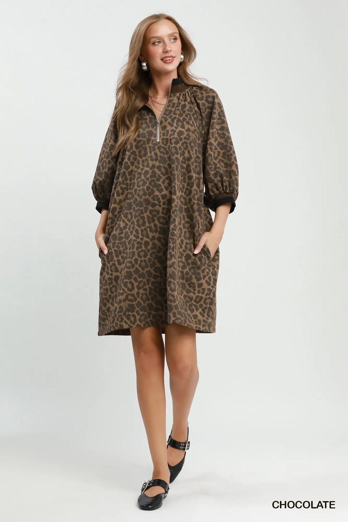 Leopard Print Quarter Zip Puff Sleeve Mini Dress
