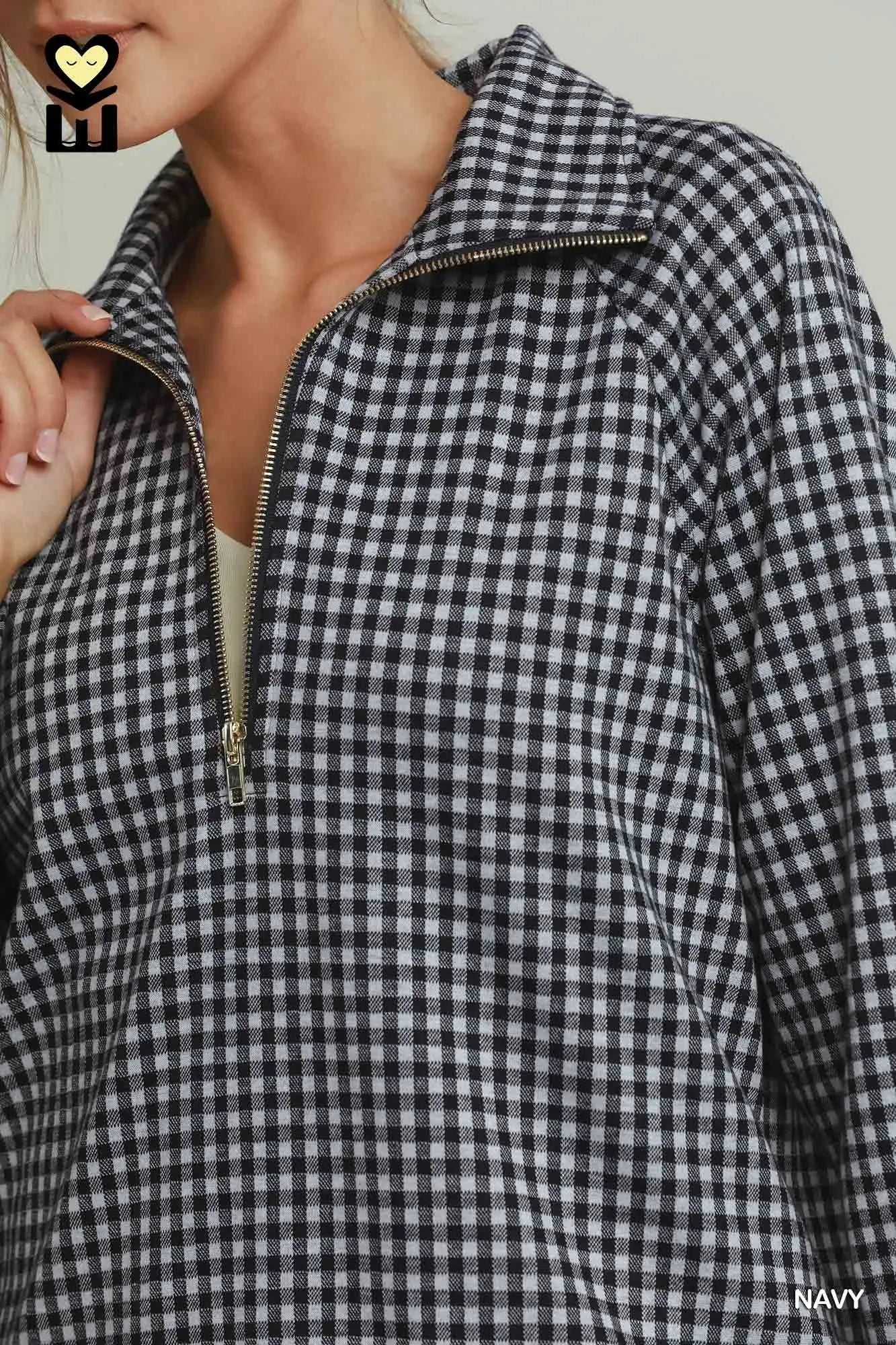 Gingham Half-Zip Long Sleeve Pullover