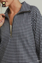 Gingham Half-Zip Long Sleeve Pullover