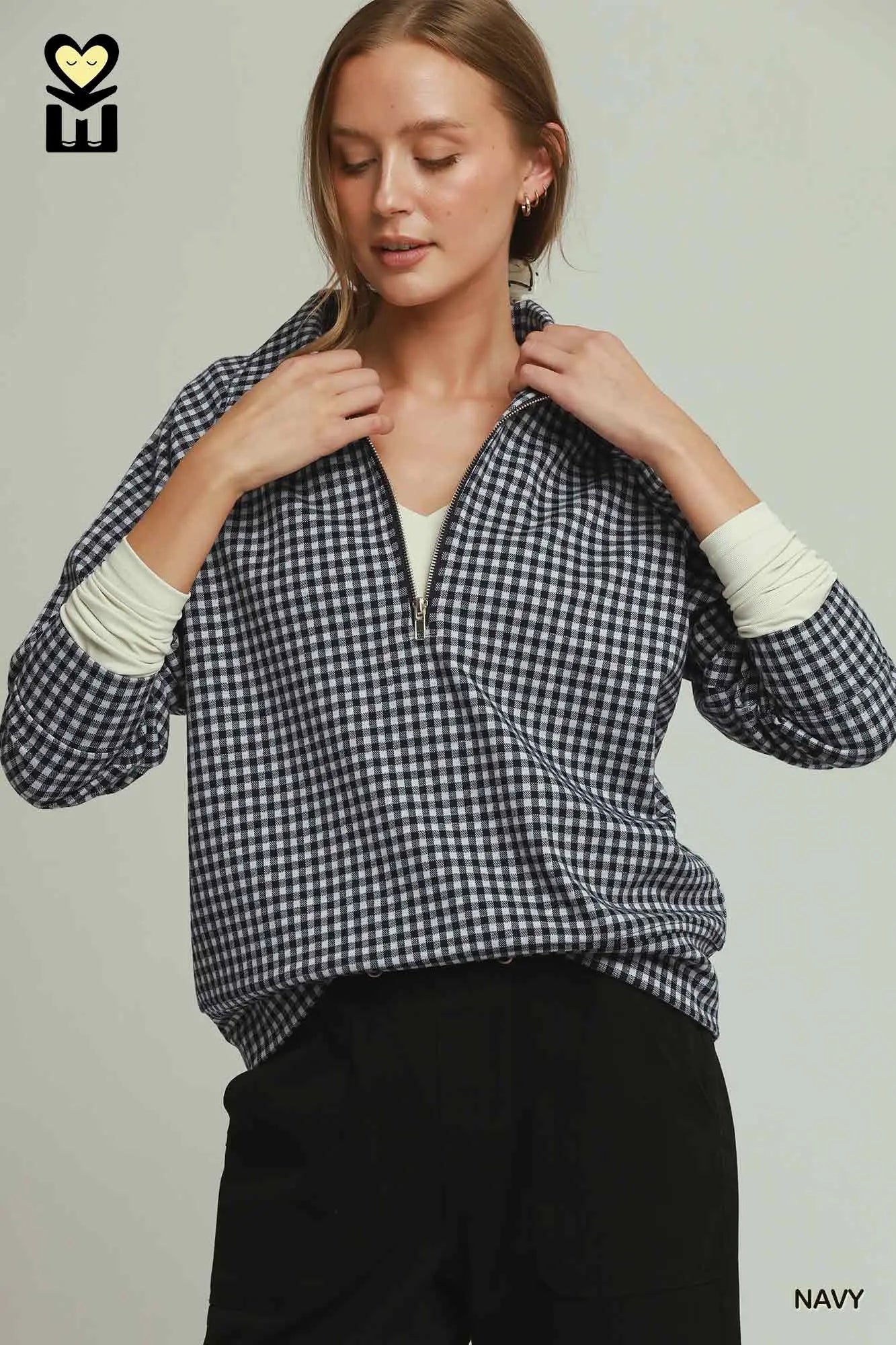 Gingham Half-Zip Long Sleeve Pullover