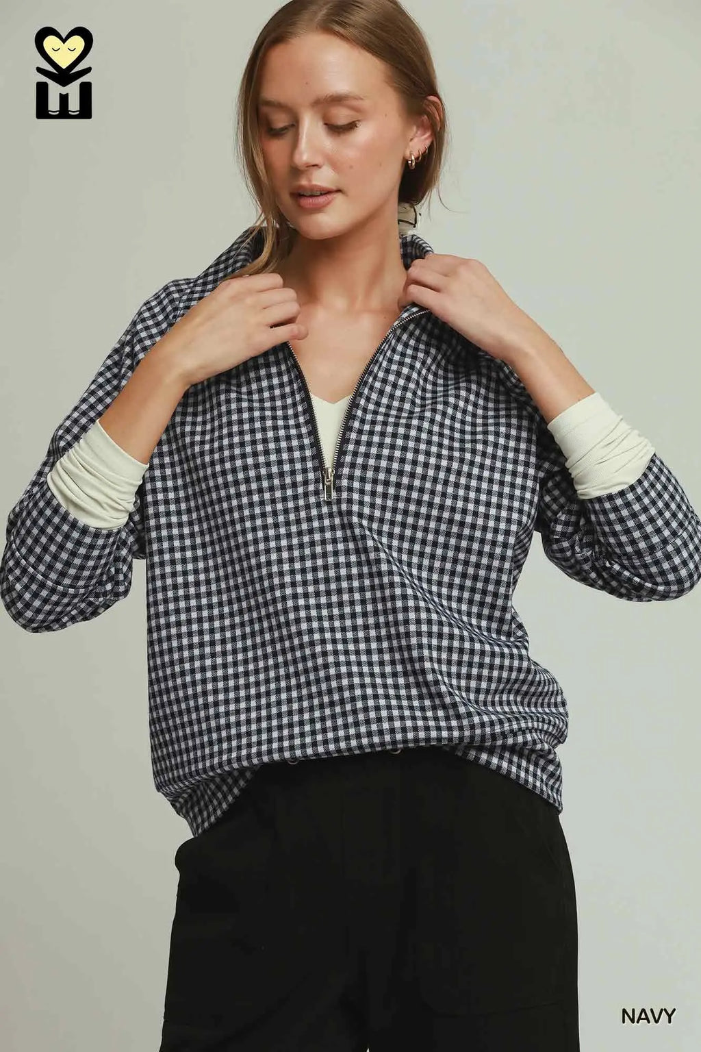 Gingham Half-Zip Long Sleeve Pullover