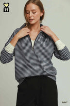 Gingham Half-Zip Long Sleeve Pullover