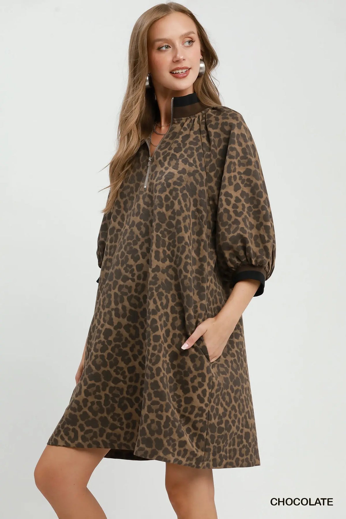 Leopard Print Quarter Zip Puff Sleeve Mini Dress