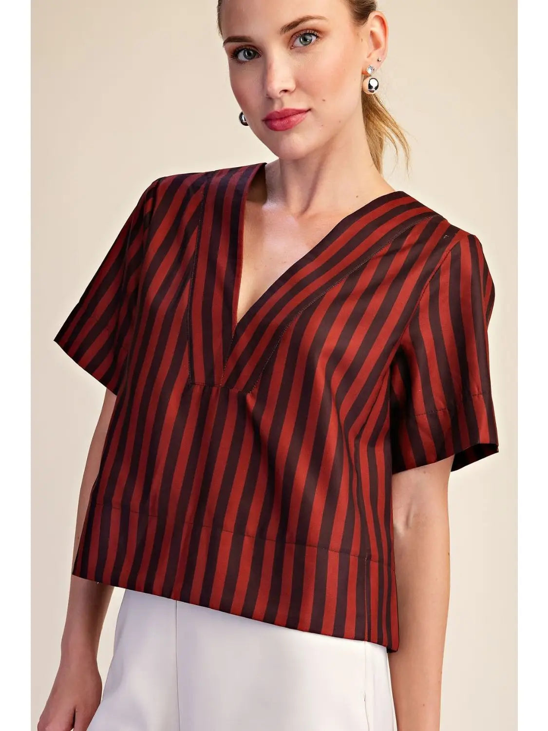 V-Neck Stripe Top Short Sleeve