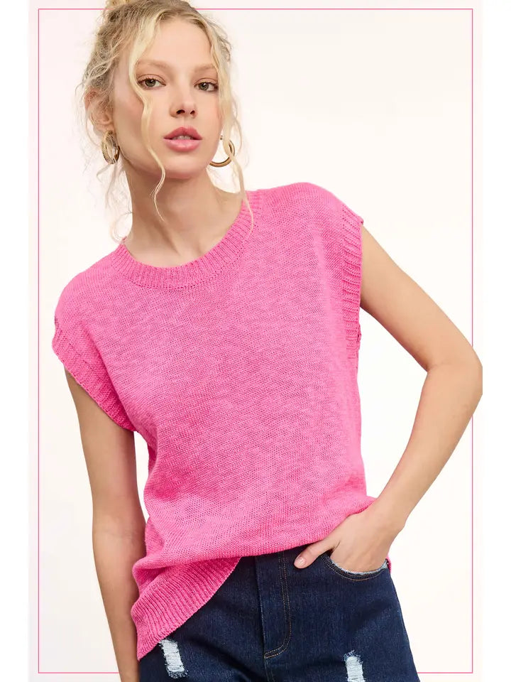 Loose Fit Sleeveless Ribbed Knit Crew Neck Top