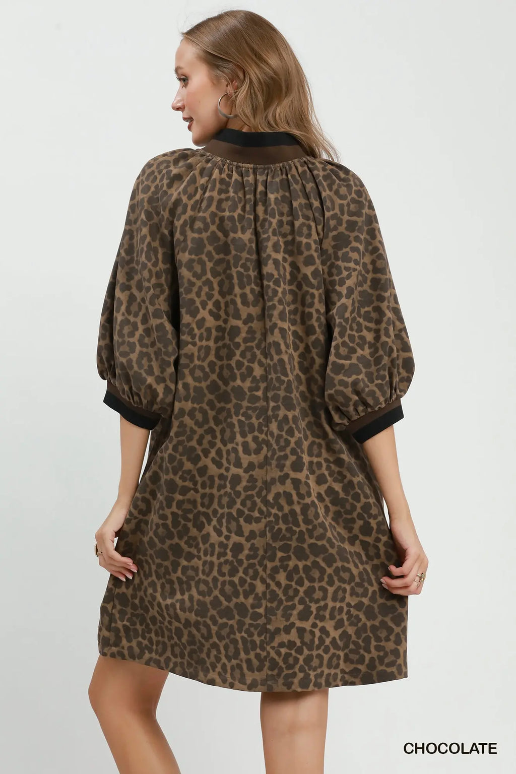 Leopard Print Quarter Zip Puff Sleeve Mini Dress