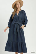 Chambray Belted Ruffle Hem Midi Dress