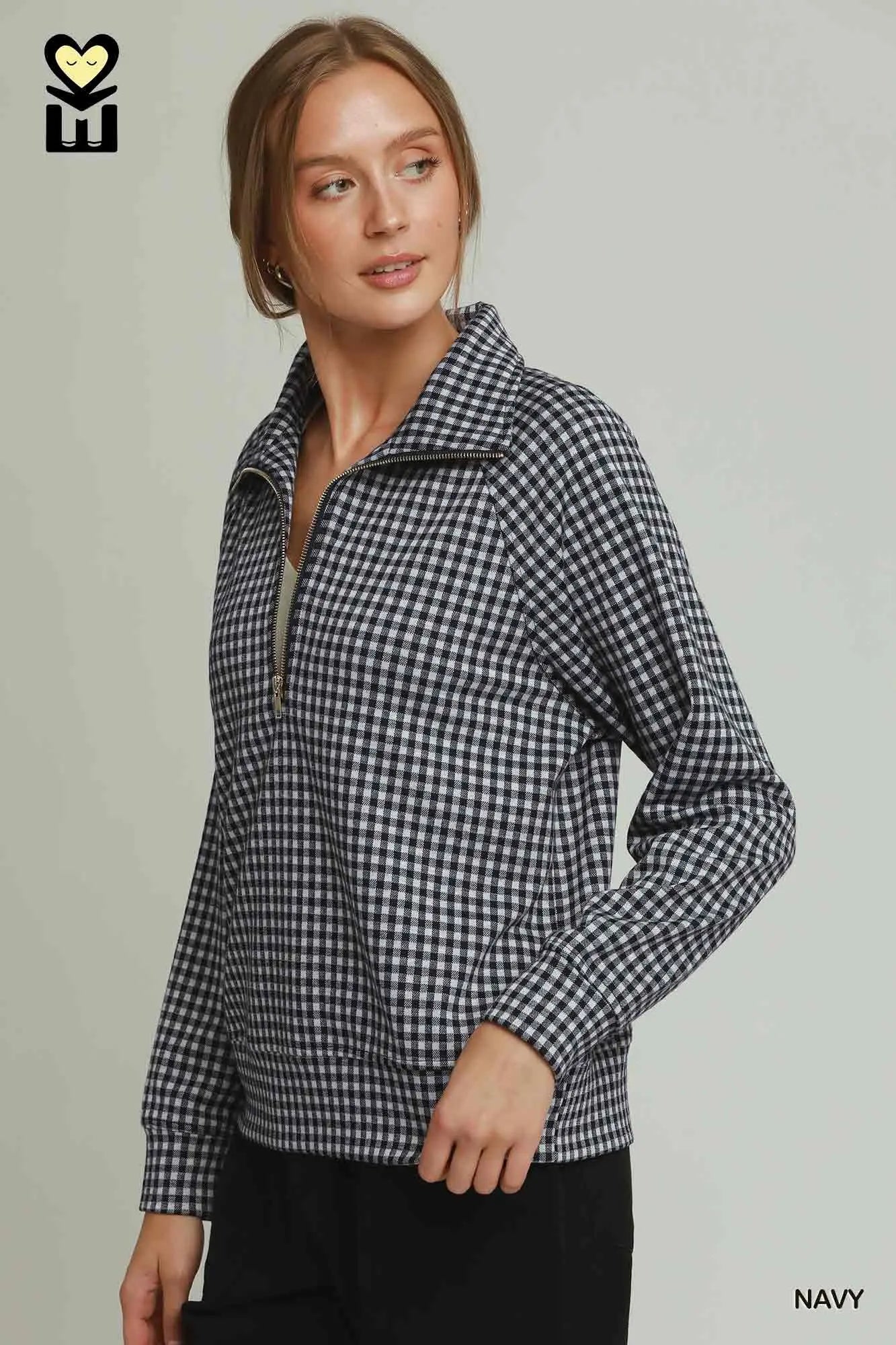 Gingham Half-Zip Long Sleeve Pullover
