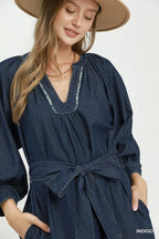 Chambray Belted Ruffle Hem Midi Dress