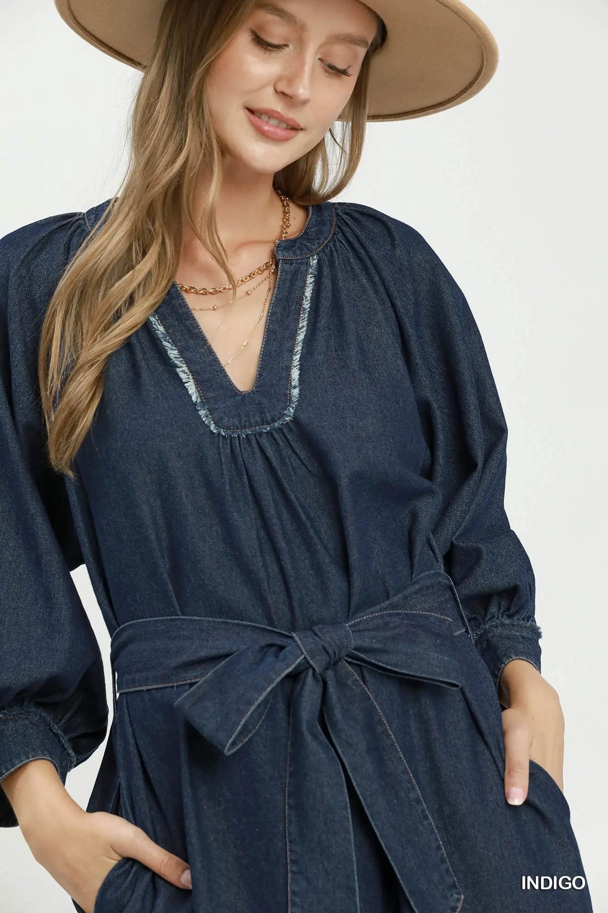 Chambray Belted Ruffle Hem Midi Dress