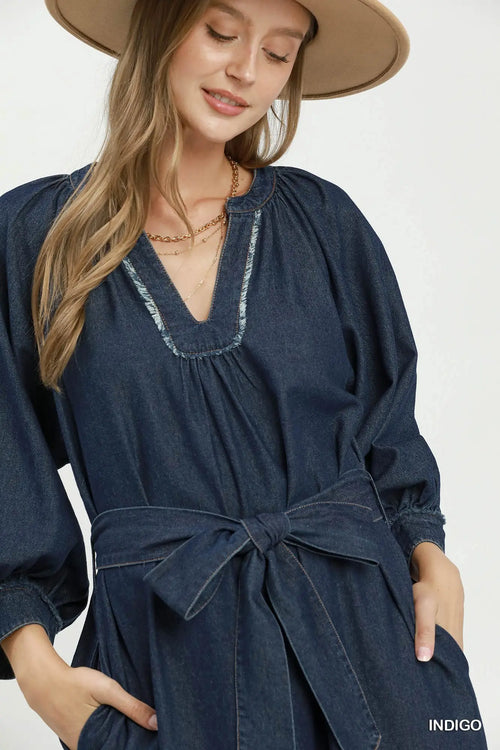 Chambray Belted Ruffle Hem Midi Dress