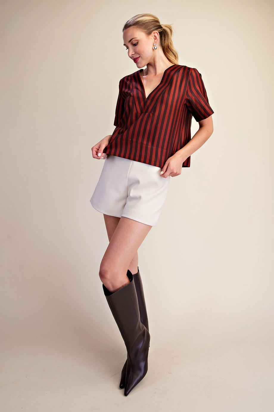 V-Neck Stripe Top Short Sleeve