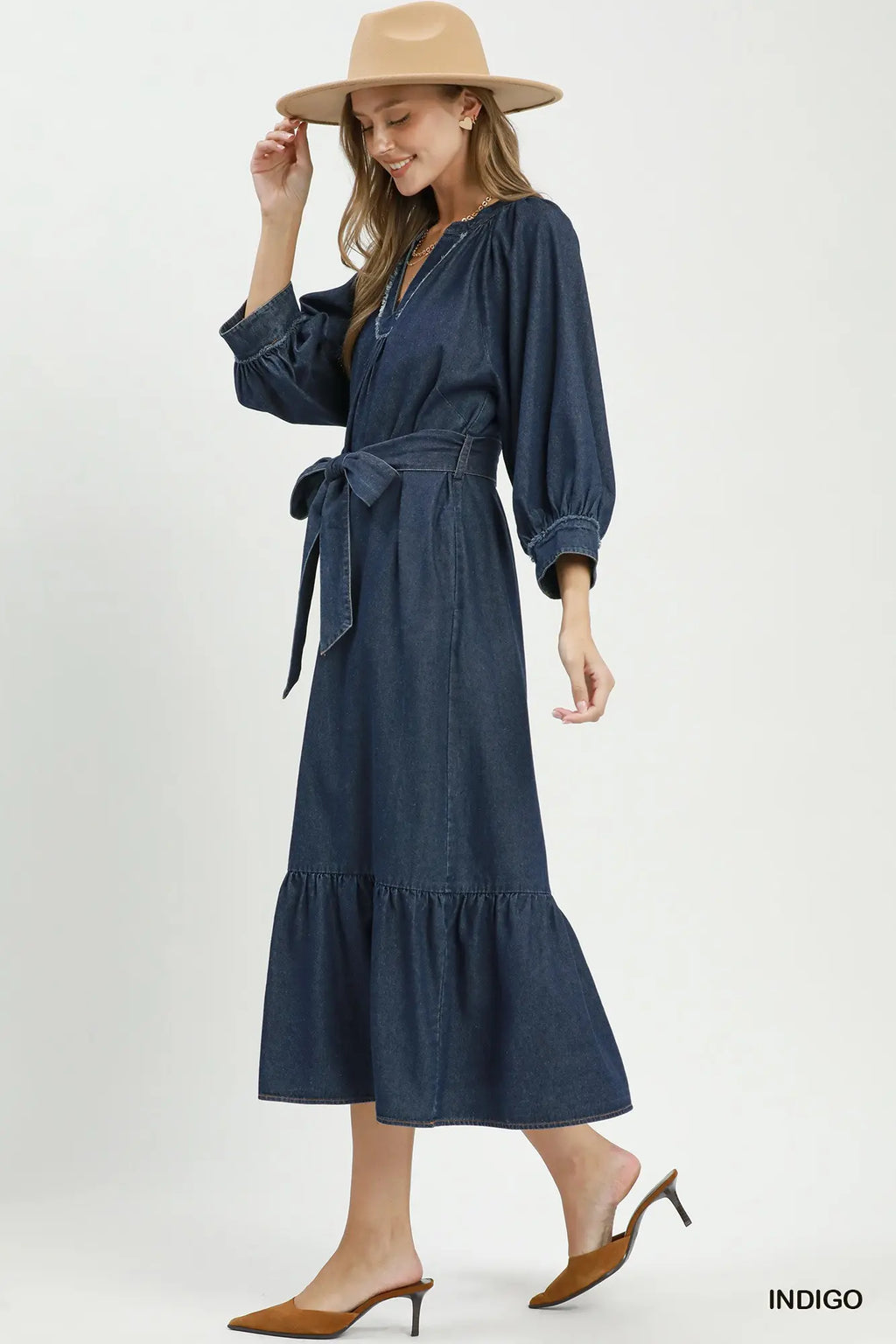 Chambray Belted Ruffle Hem Midi Dress