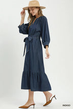 Chambray Belted Ruffle Hem Midi Dress