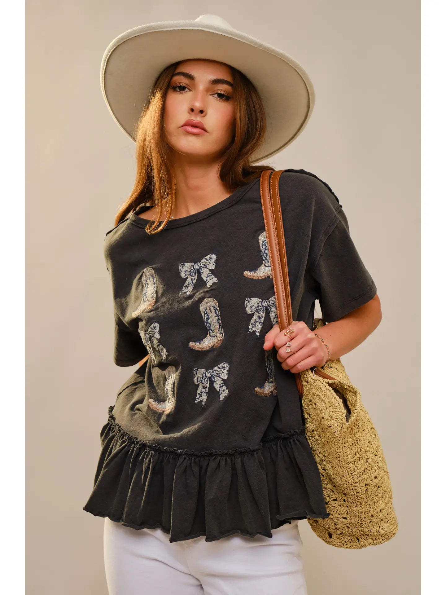 Round Neck Western Graphic Peplum Top