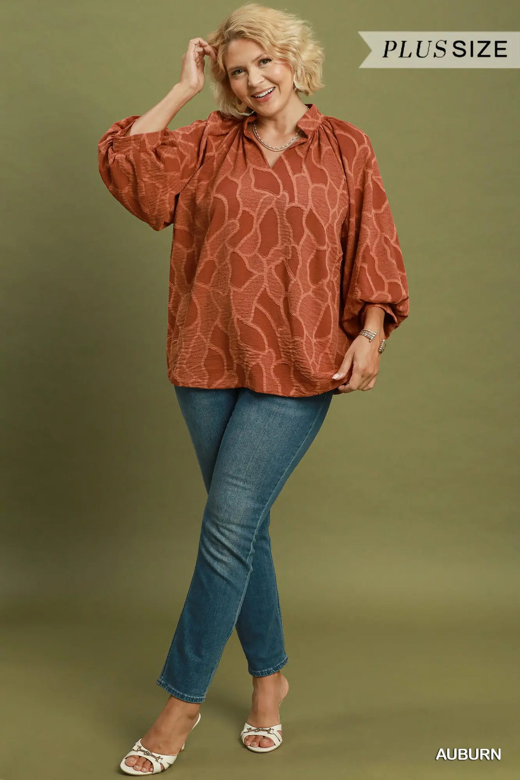 Floral Textured Split Neck Puff Sleeve Blouse