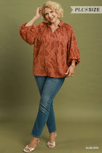 Floral Textured Split Neck Puff Sleeve Blouse