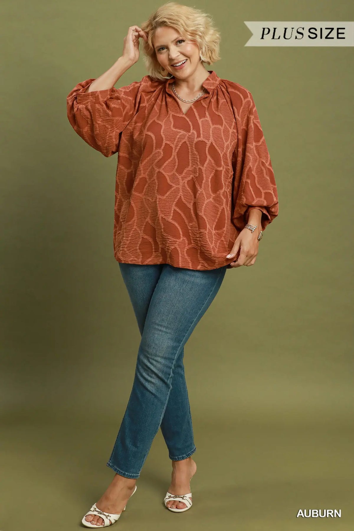 Floral Textured Split Neck Puff Sleeve Blouse