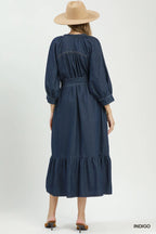 Chambray Belted Ruffle Hem Midi Dress