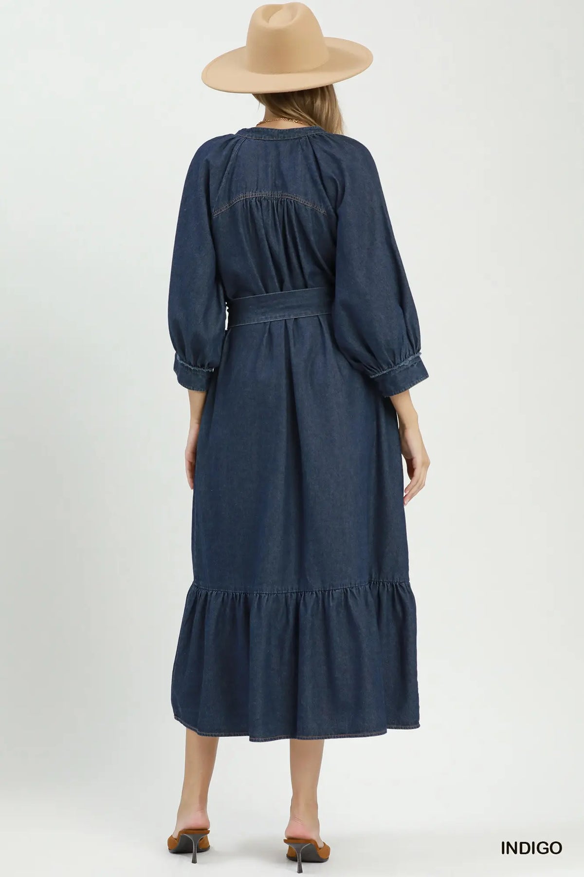 Chambray Belted Ruffle Hem Midi Dress
