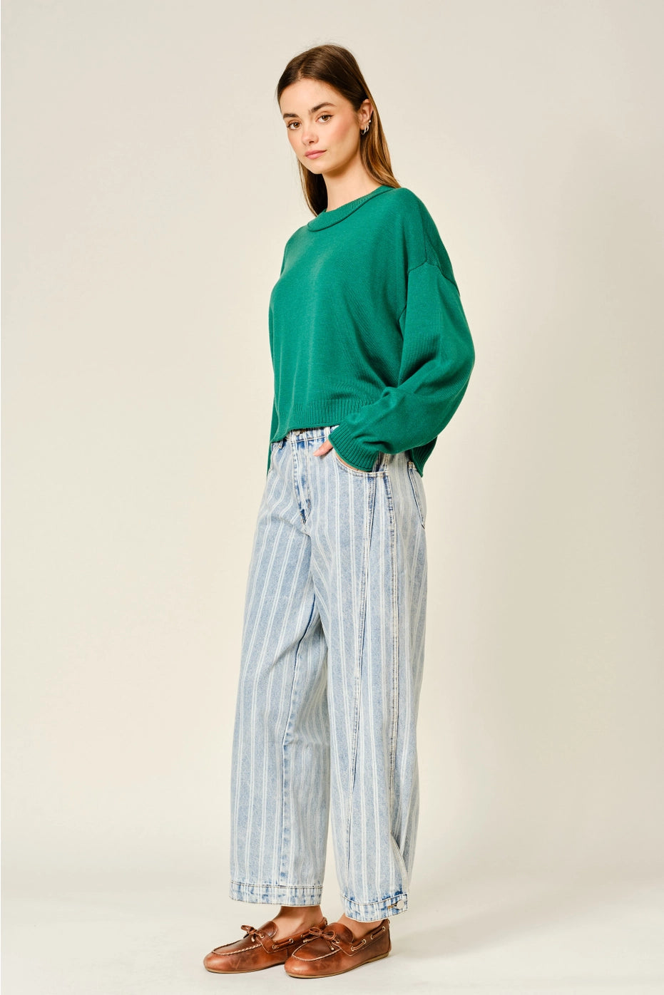Striped Denim Balloon Washed Jeans