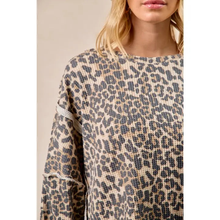 Leopard Print Oversized Waffle Thermal Sweatshirt
