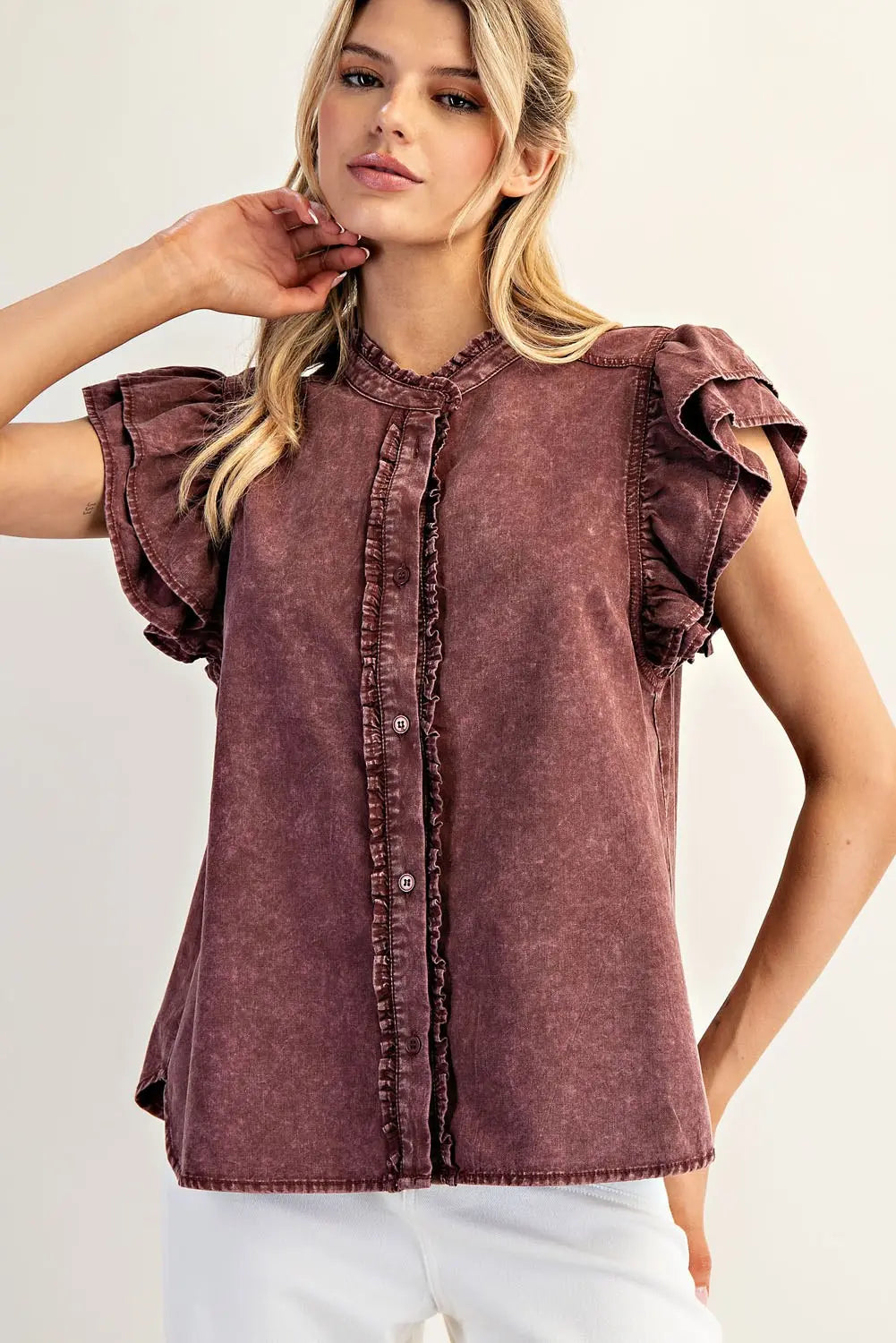 Washed Ruffle Trim Flutter Sleeve Blouse