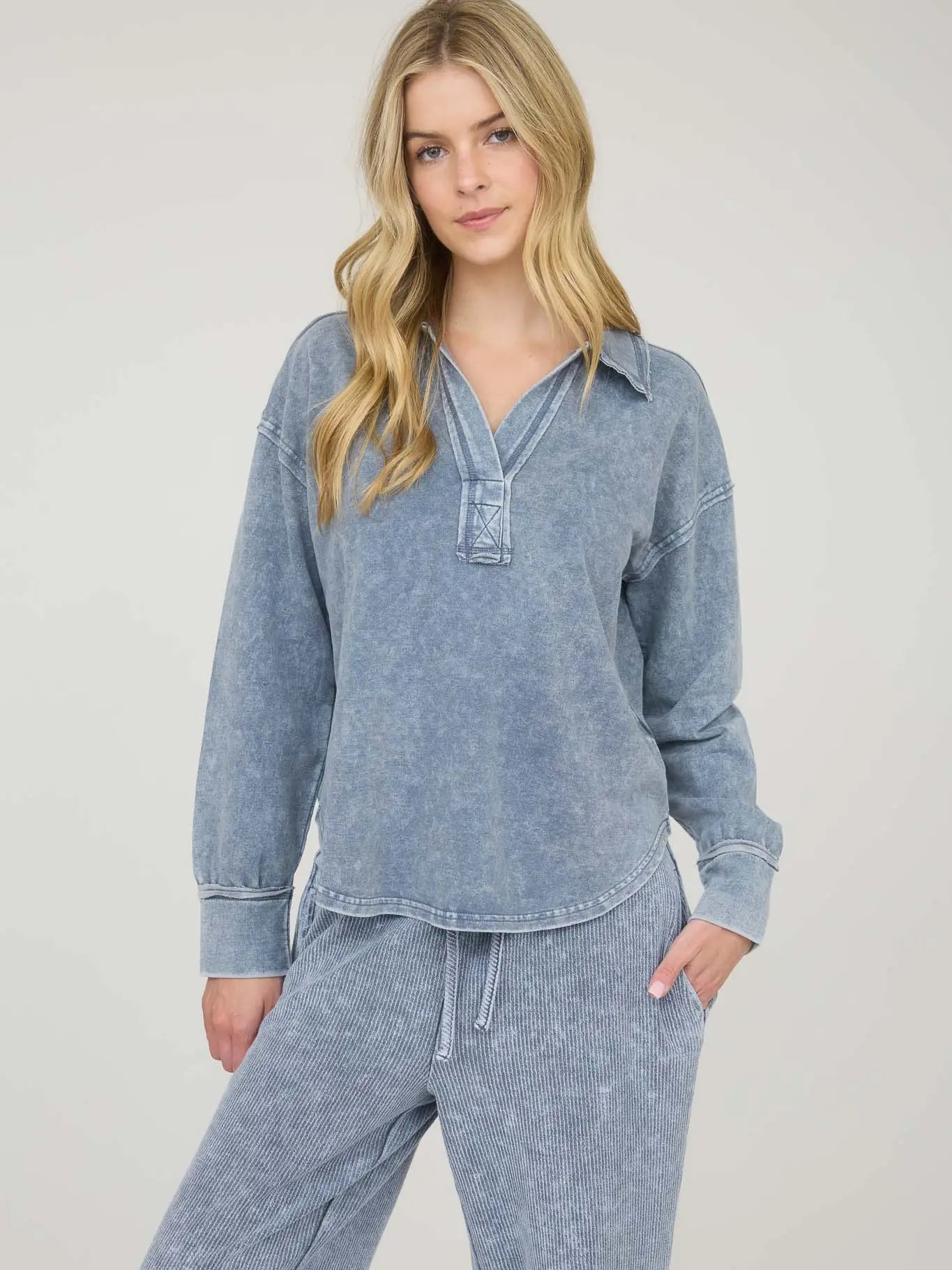 Washed Long Sleeve Polo Knit Top