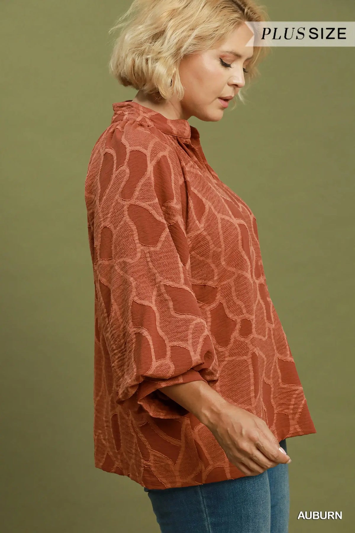 Floral Textured Split Neck Puff Sleeve Blouse