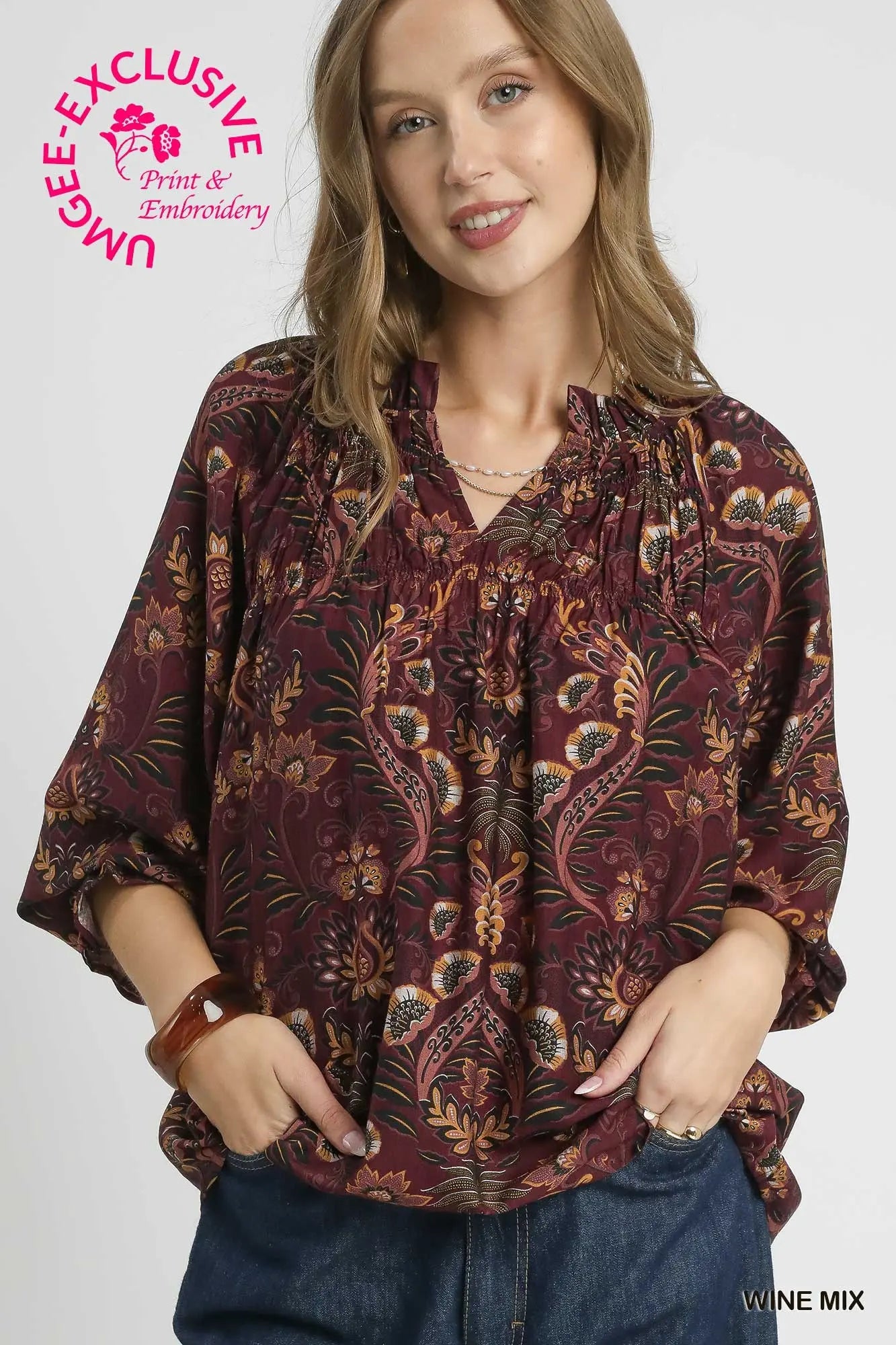 Floral Damask Print Long Sleeve Top