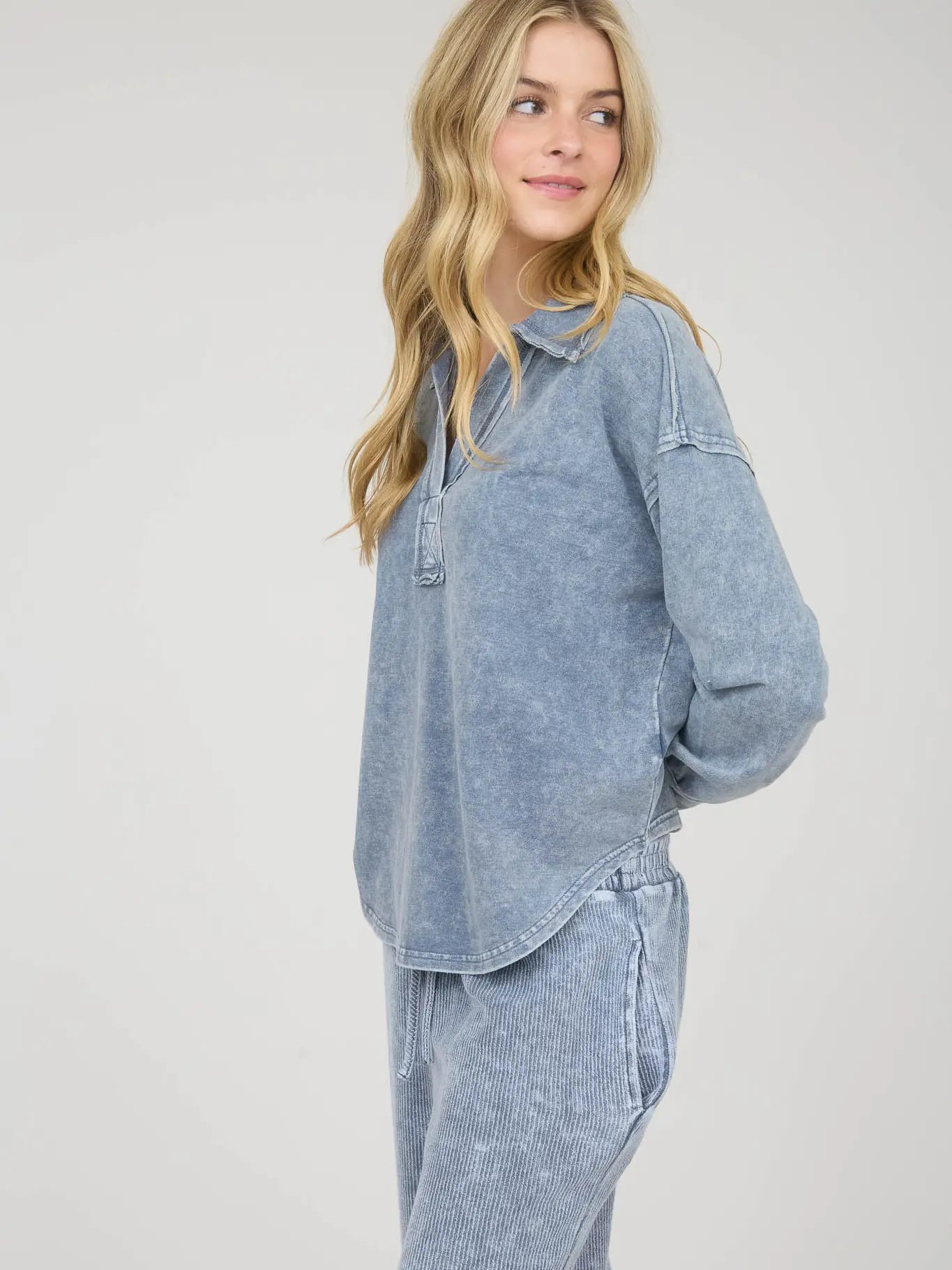 Washed Long Sleeve Polo Knit Top