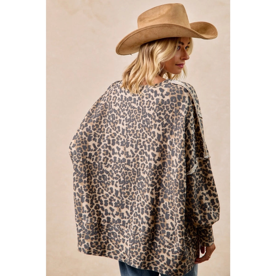 Leopard Print Oversized Waffle Thermal Sweatshirt