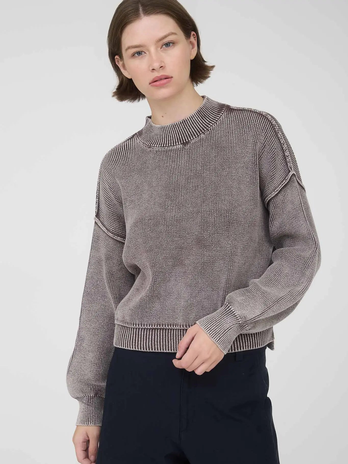 Washed Mock Neck Long Sleeve Pullover